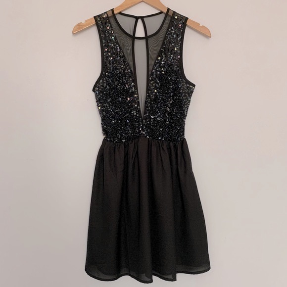 Festival Sparkle Sequin Sleeveless Deep V Mesh Cut Out Mini Dress in Black (S) - Picture 3 of 6